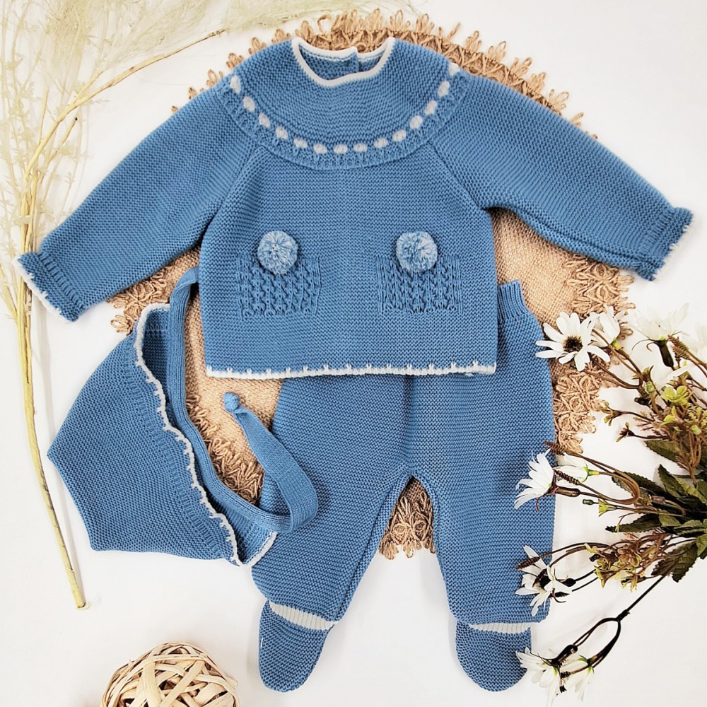 Conjunto primera puesta bebé lana GLORY tres piezas azul azafata 23201
